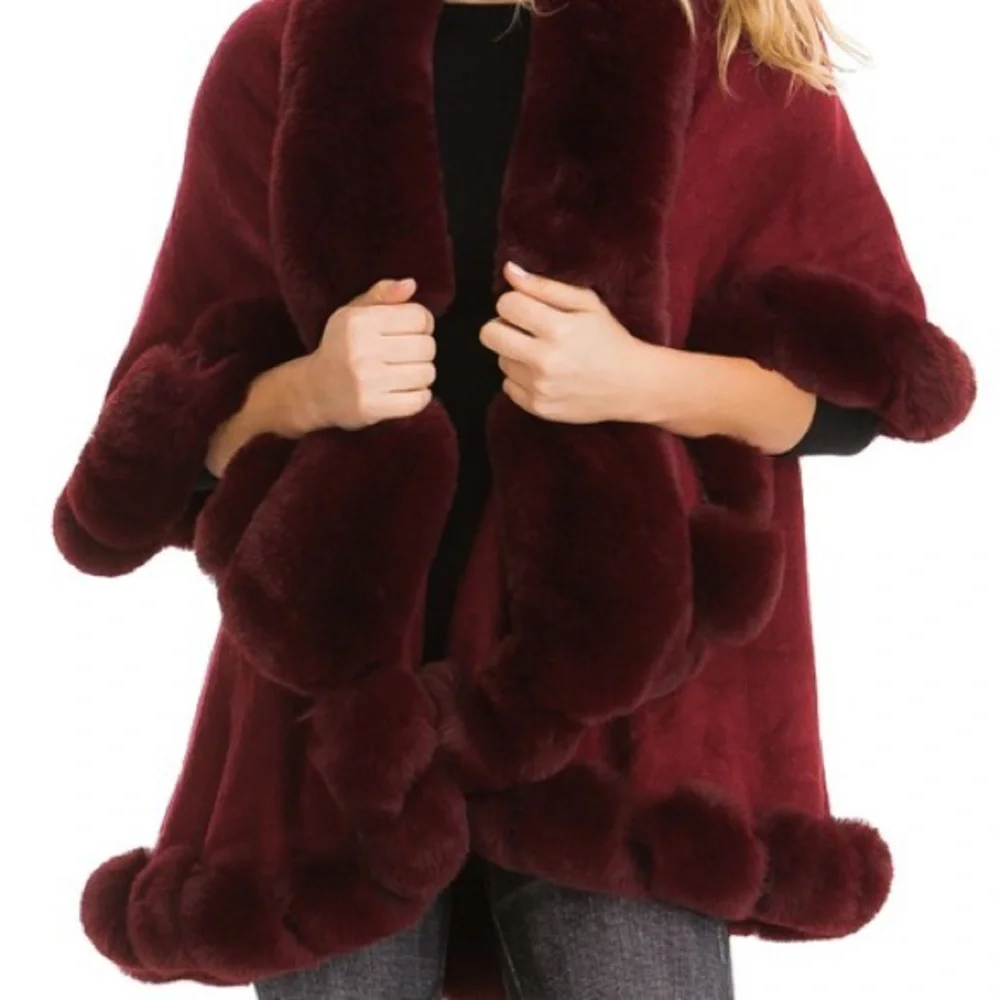 Luxury Burgundy Faux Fur Double Layer Cape Coat - Picture 7 of 13